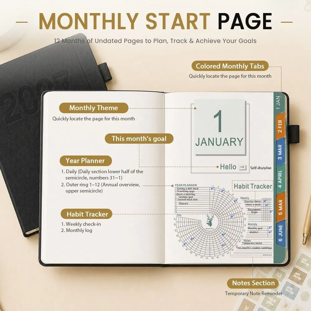 A5 Size Daily Planner Notebook Multi-Color Leather Cover Time Management Journal To Do List Thick Paper 2027 Calendar Log