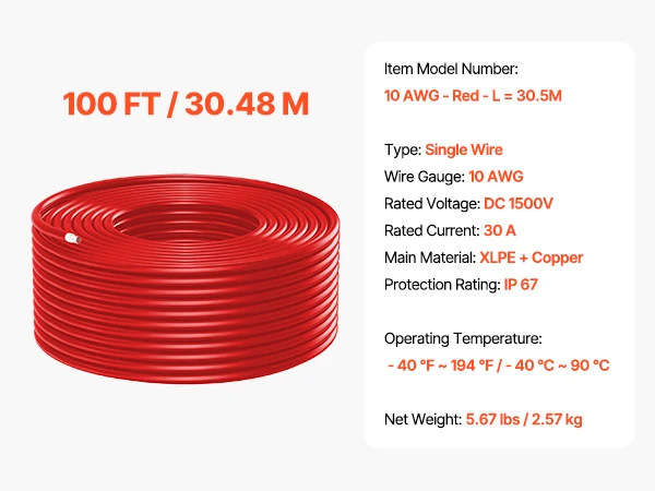 SucceBuy 100FT Solar Panel Extension Cable 10AWG 6mm² IP67 Waterproof Solar Extension Cable for Home Ship and RV Solar Panels