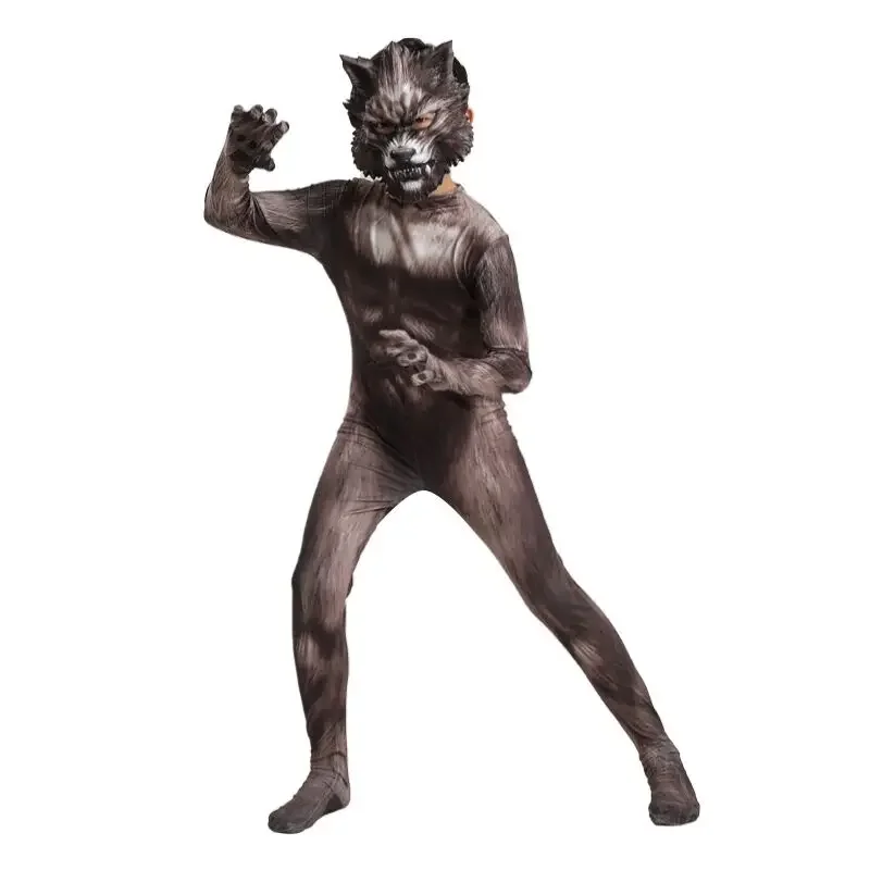 Werewolf Cosplay Costume Jumpsuit 3D Mask Suit Bodysuit Carnival Birthday Party Clothes Animal Wolf Costume for Kids Adult