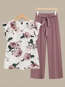 Women's Floral V-Neck Top & Solid Wide-Leg Pants Set with Tie Waist
