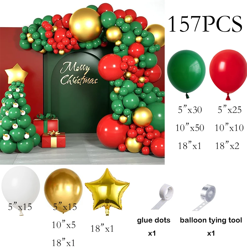 157pcs Christmas Balloons Garland Green Red White Gold Balloon Arch Kit Gold Star Foil Globo Christmas Birthday Party Decoration