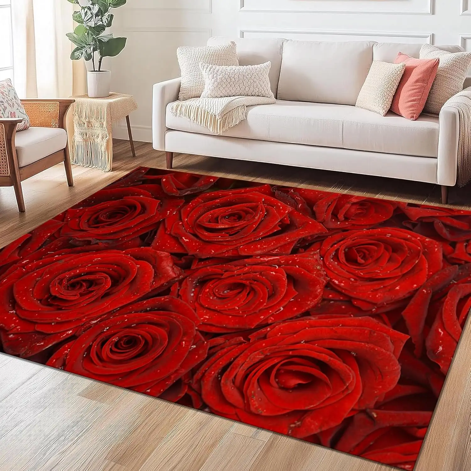Red Rose Rugs for Living Room,3D Rose with with Raindrop Washable Area Rug,Modern Red Flower Print Non Slip Kitchen Floor Mat,