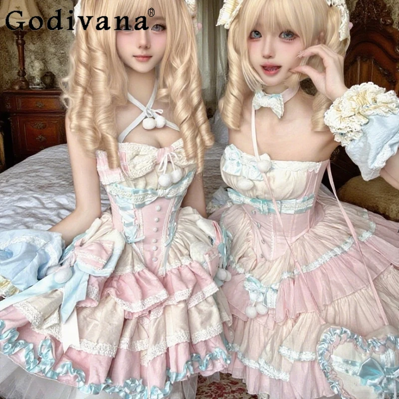 

Sweet Princess Lolita Birthday Dress Autumn and Summer Women's Slim Fit Tube Top Puffy Mini Dress Girls Cute Bow Ribbon Dress