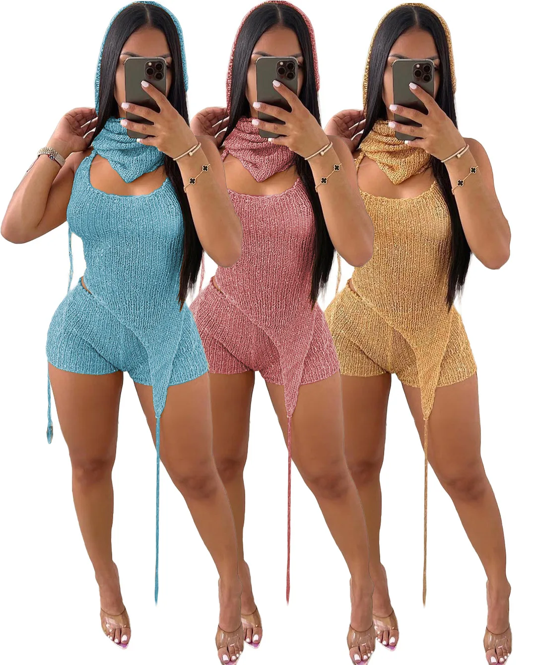 Summer Women Clothing Hooded 2 Piece Shorts Set Crop Top Backless Hollow out Two Piece Short Set for Ladies