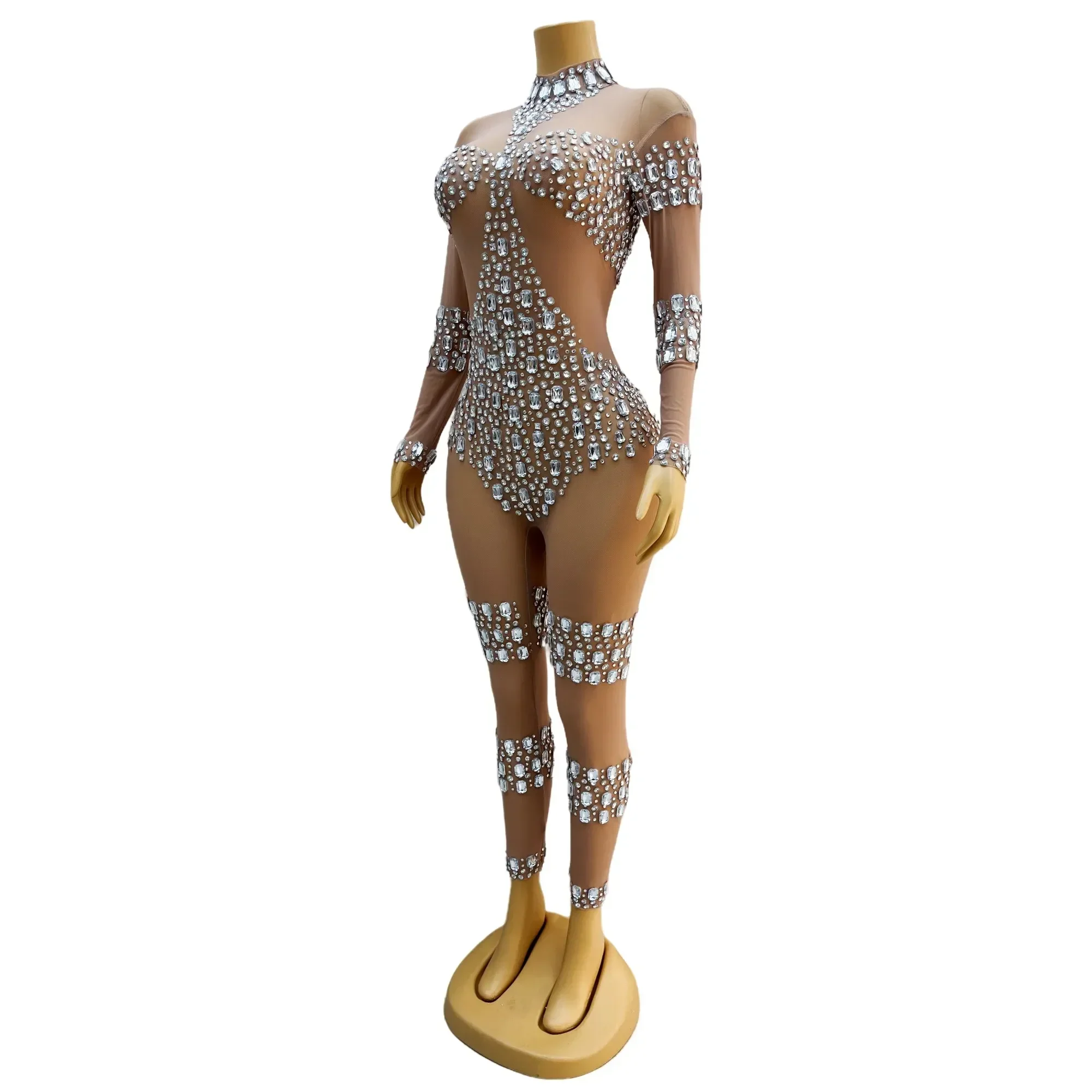 Sparkly Silver Big Rhinestones Transparent Sexy Jumpsuit Evening Birthday Celebrate Costume Dance Performance Leggings Bodysuit