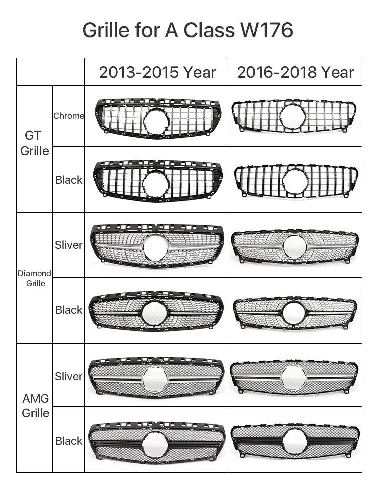 For Mercedes Benz A Class W176 GT Diamond AMG Style Silver Grille Front Bumper A35 A45 A180 A200 A250 A260 2013-2018 Camera Hole