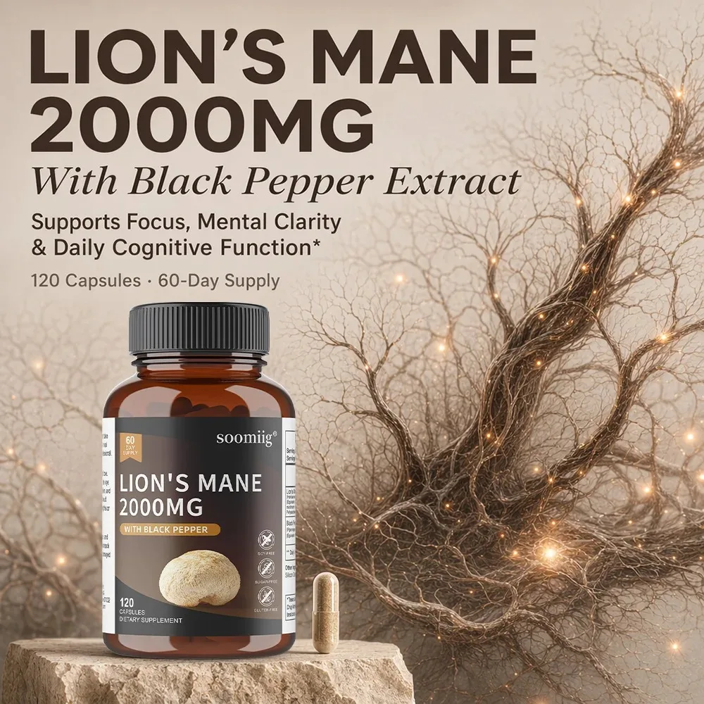 Lion’s Mane Mushroom for Focus Memory Brain Health with Black Pepper 120 Capsules