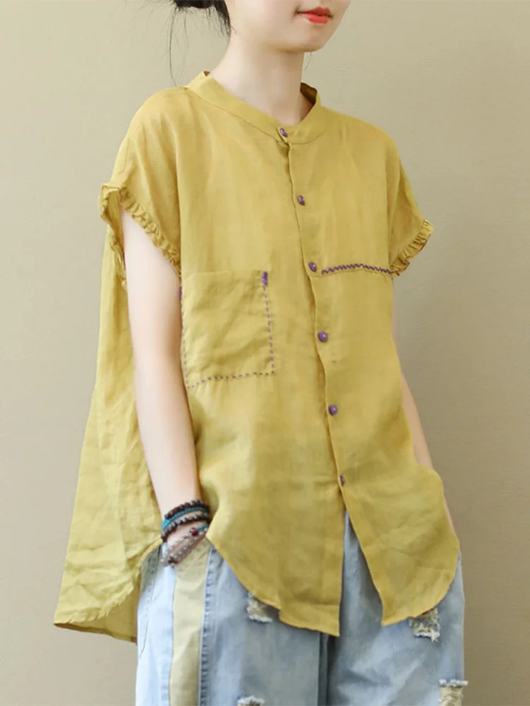 

Loose Cotton Linen irt T-irt Women Summer New Sle Artistic Retro Embroidery Asymmetrical Silk Top for Ladies