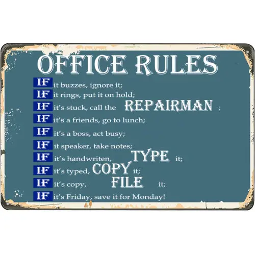 Retro Metal Tin Sing Office Rules Art Poster Wall Decorative Tin Signs 12x8inche sign