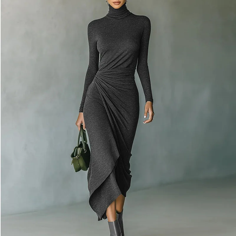 2026 Spring Casual Turtleneck Slim Irregular Dress Woman Elegant Solid Draped Long Dress New Autumn Long Sleeve Femme Boho Dress
