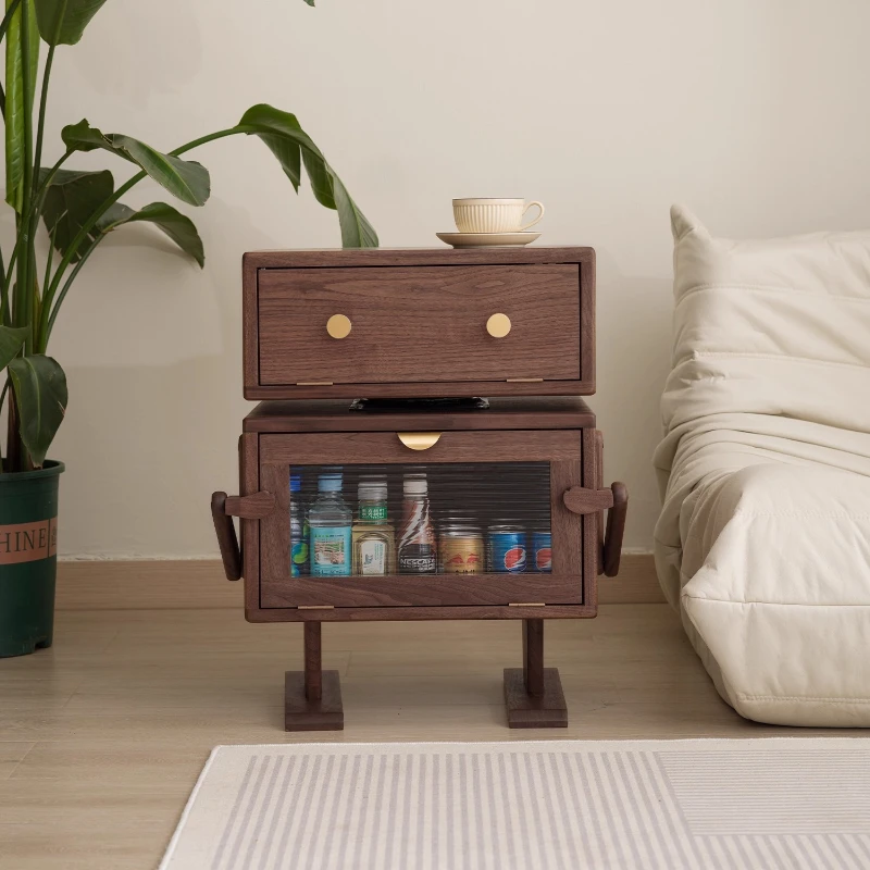 Black Walnut Nightstand Solid Wood Robot Shaped Sideboard Cartoon Creative Bucket Cabinet Storage Furniture Rotatable Modern