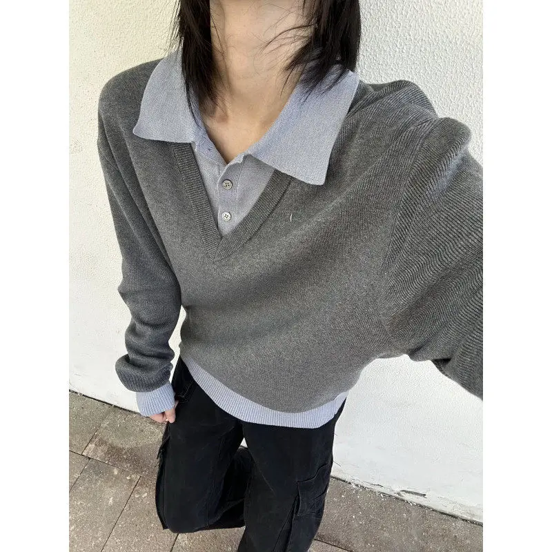 

Autumn Winter New Sle American Small Cro Color Blo Knitting irt Men's Collar ey Sweater Jaet Casual Vintage