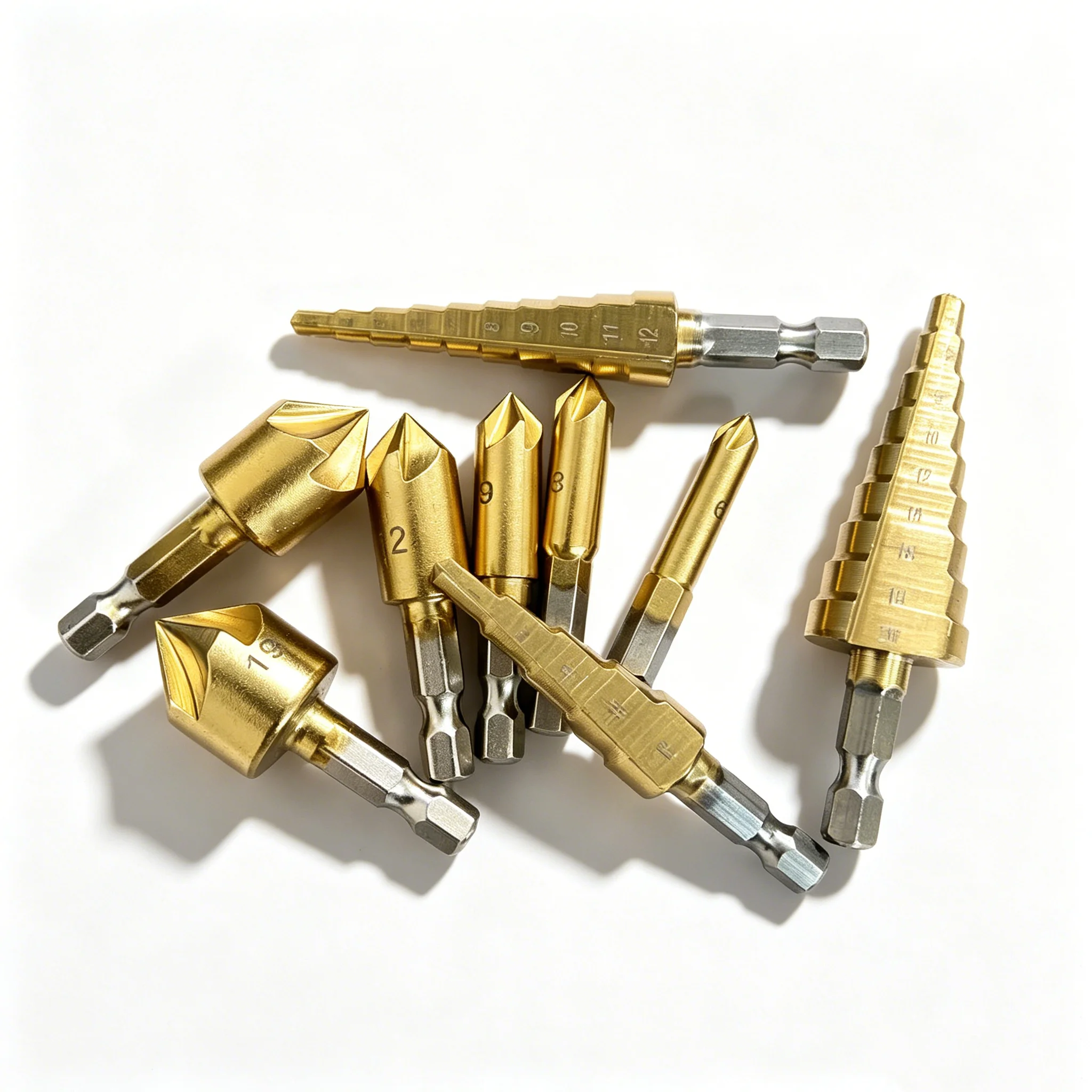 9Pcs Step Drill Bits & Countersink Drill Bits Set Titanium Coated Hole Opening Chamfer Deburring Drill Bits Kit For Wood Metal D