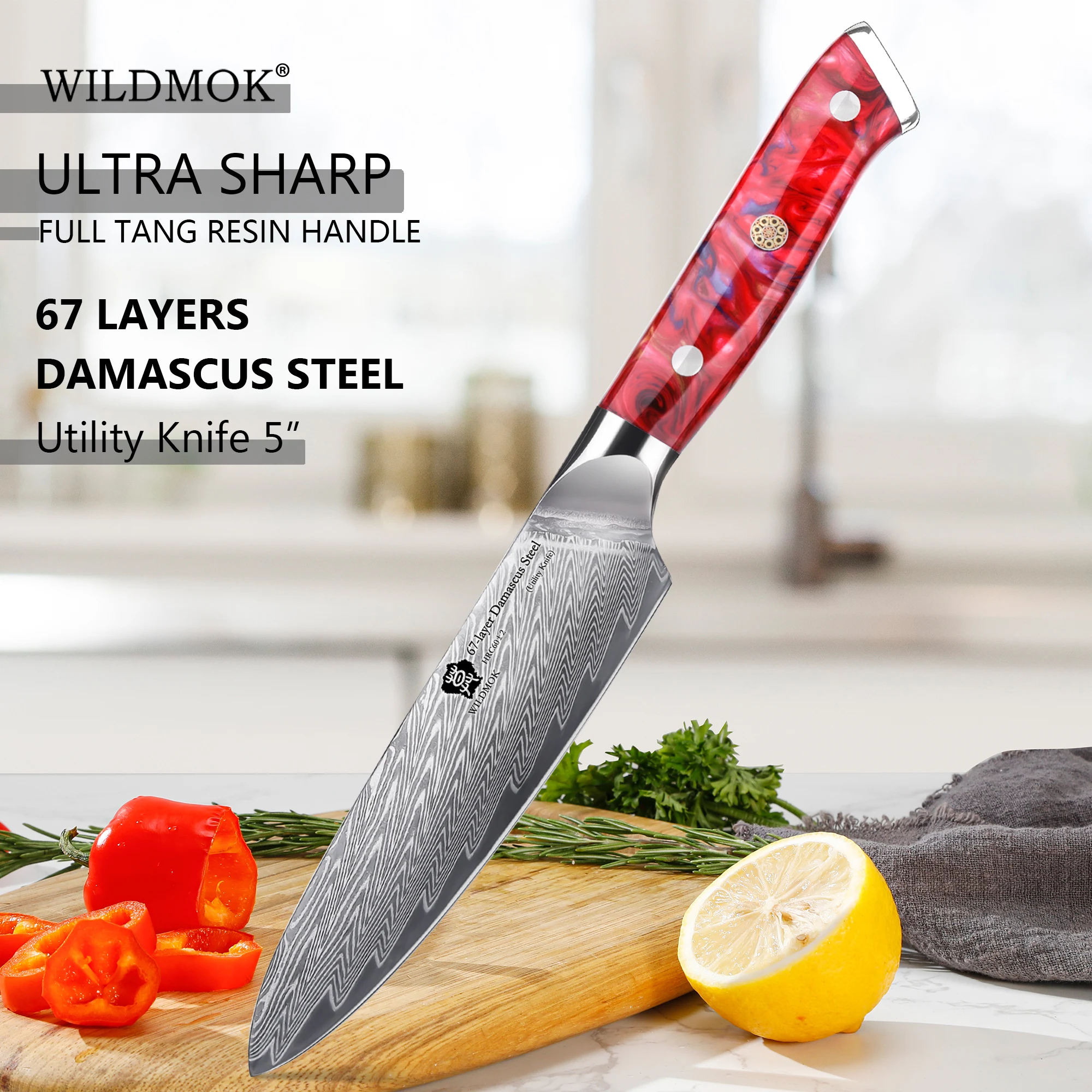 WILDMOK 5 Inch Utility Kitchen Knife,  Full Tang Construction, Stable Grip Resin Handle, Great for Peeling & Slicing Small Foods