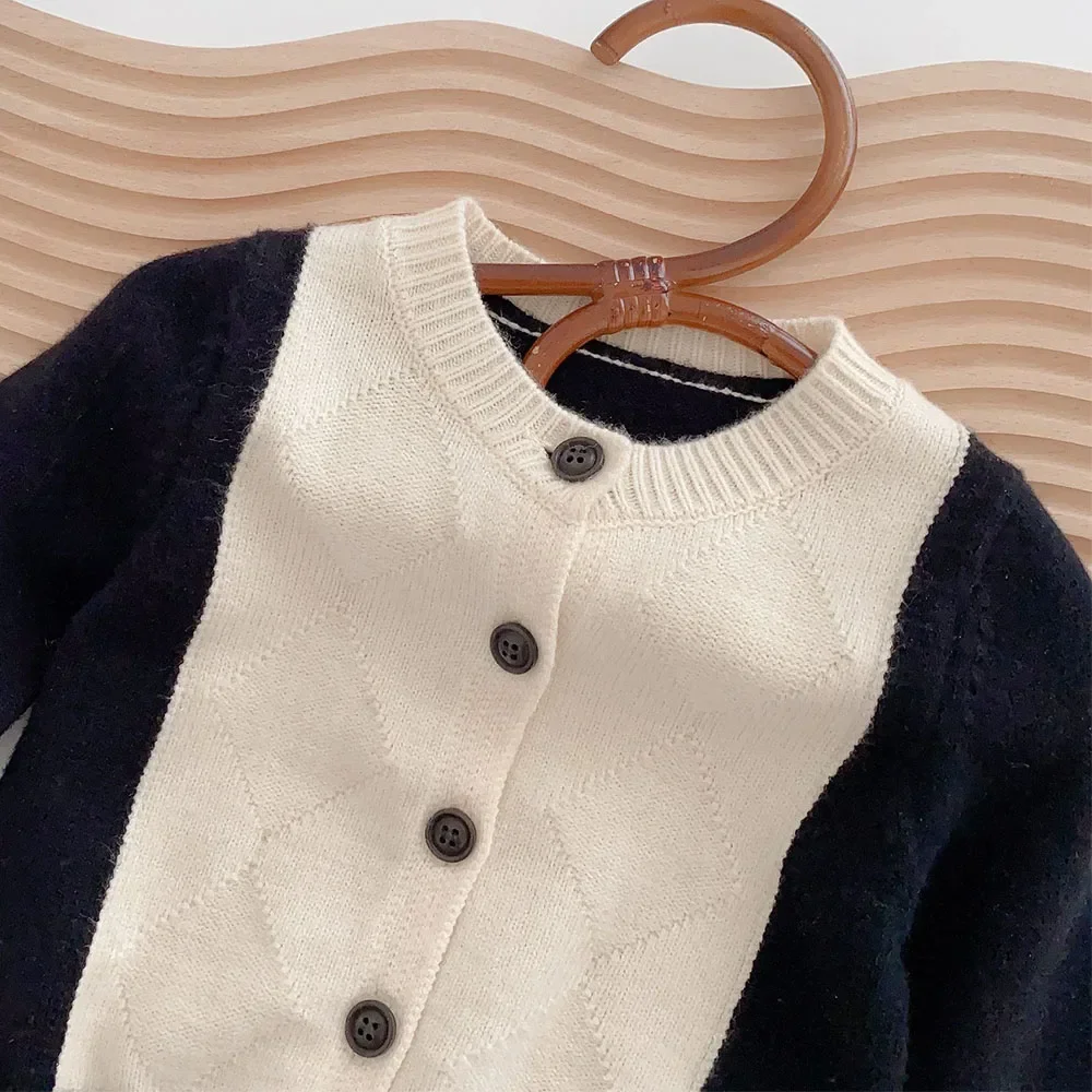 Cardigan de malha patchwork infantil, suéteres infantis, moda masculina, roupas de primavera e outono