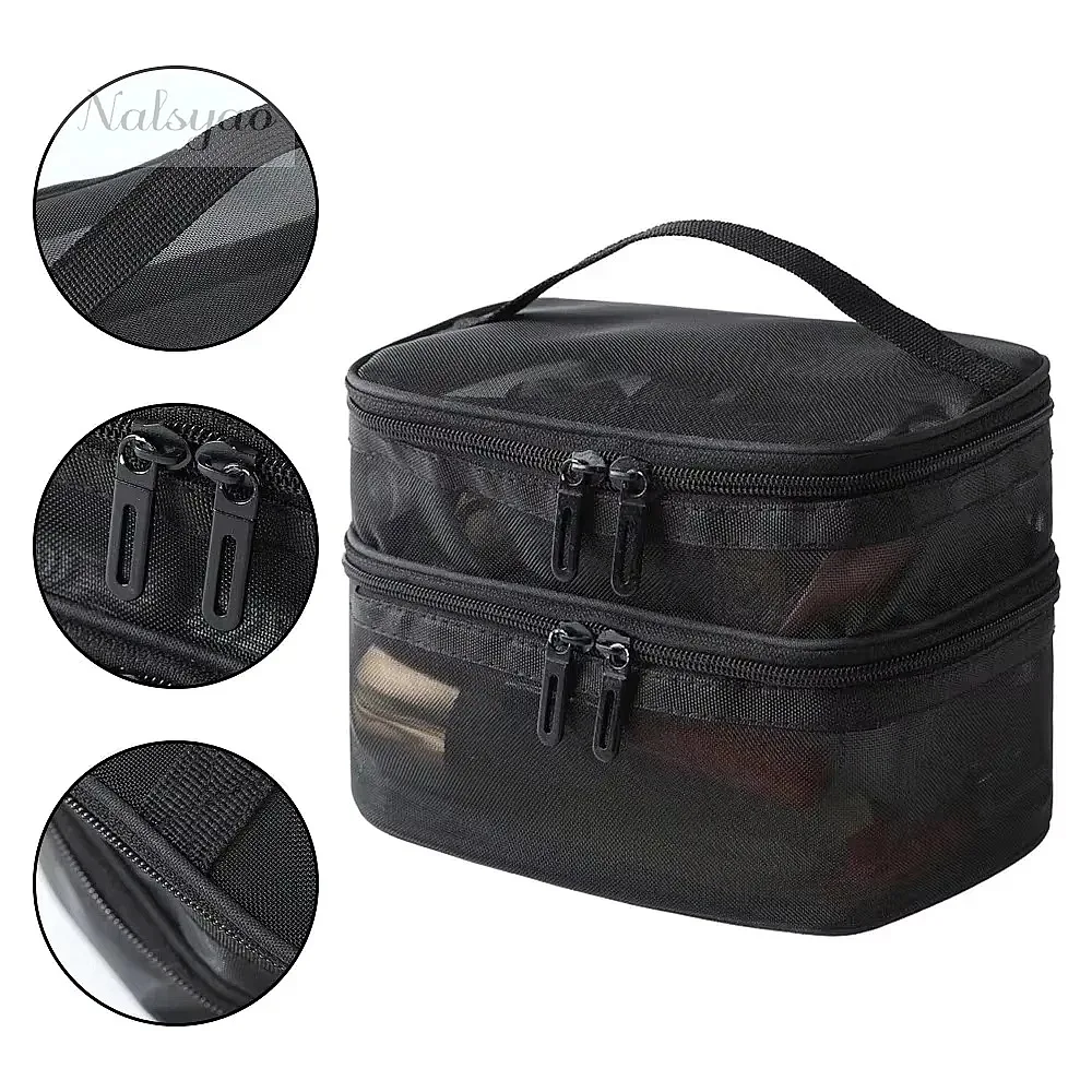 Dual Openings Large Capacity Double-Layer Handheld Mesh Storage Bag Soft Deformation Resistant Transparent Visible