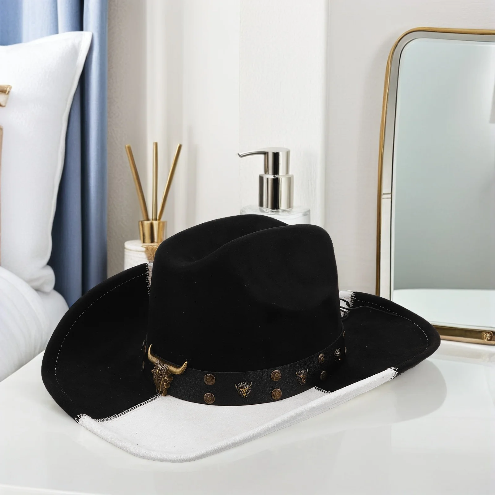 

Western Cowboy Hat Black White Two Tone Wide Brim Sun Protection Adjustable Strap Beach Vacation Outdoor Fedora Cap For