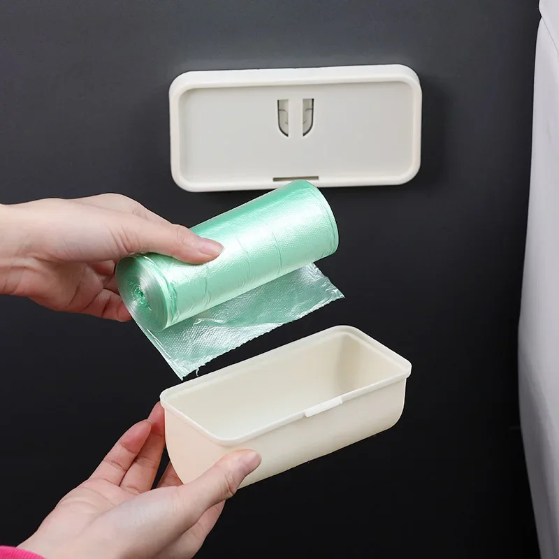 Wall Mounted Plastic Garbage Bag Storage Box Punch-free Trash Bag Holder Home Kitchen Bathroom Extractable Cotton Pad Container