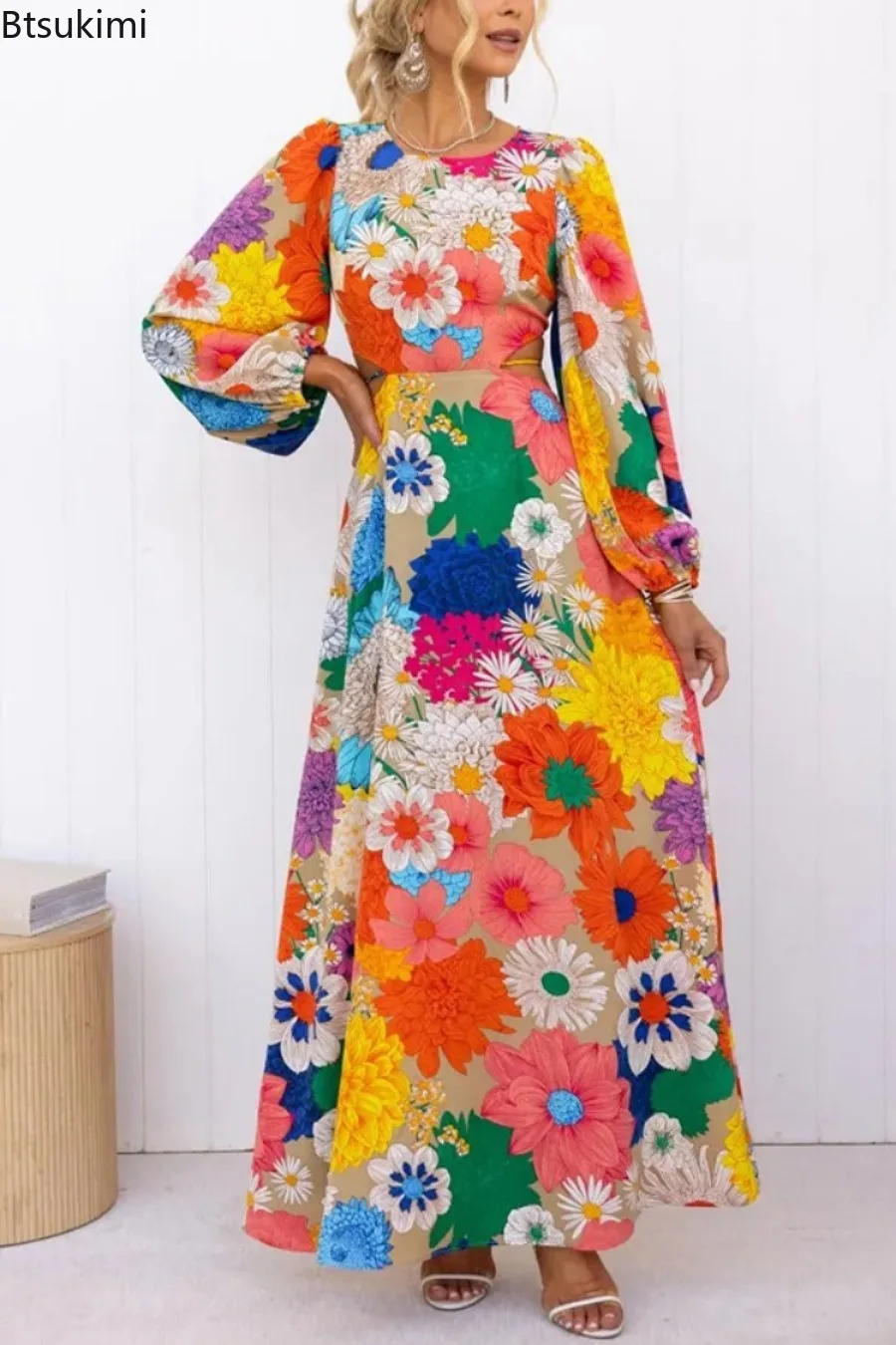 Boho Style Women's Elegant Floral Print Long Dress Fashion Long Sleeve Lace-up Dew Waist A-line Party Dresses Holiday Maxi Dress