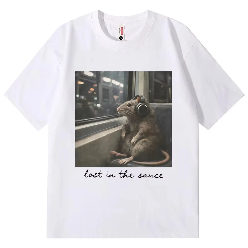 Lost in The Sauce Lustiges Ratten-Meme T-Shirt High-Street-Mode-Trend Kurzarm-T-Shirts für Männer und Frauen Lässiges Lockeres T-Shirt