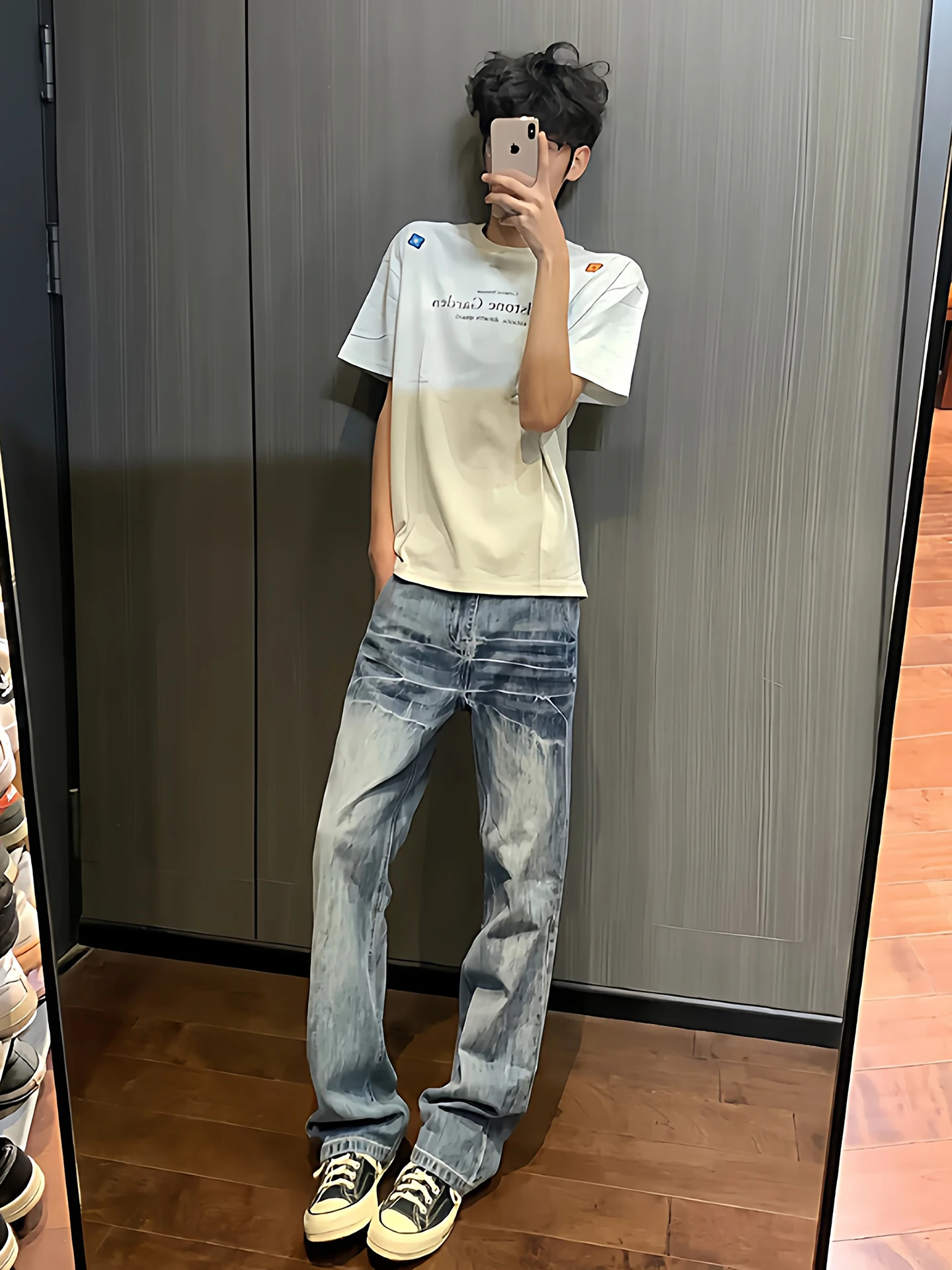 

Wanku Men's Washed Blue Lightning Pattern Cowboy Jeans Straight Leg High Street Micro Flare Trousers American Style Cotton Po...