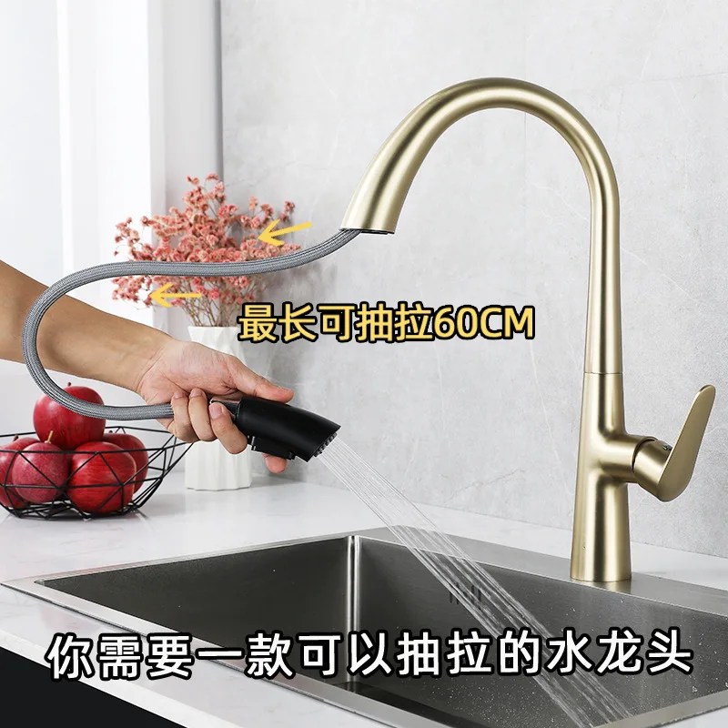 Full Copper Pull-Out Kitchen Faucet Retractable Sink Hot And Cold Household Faucet for Kitchen