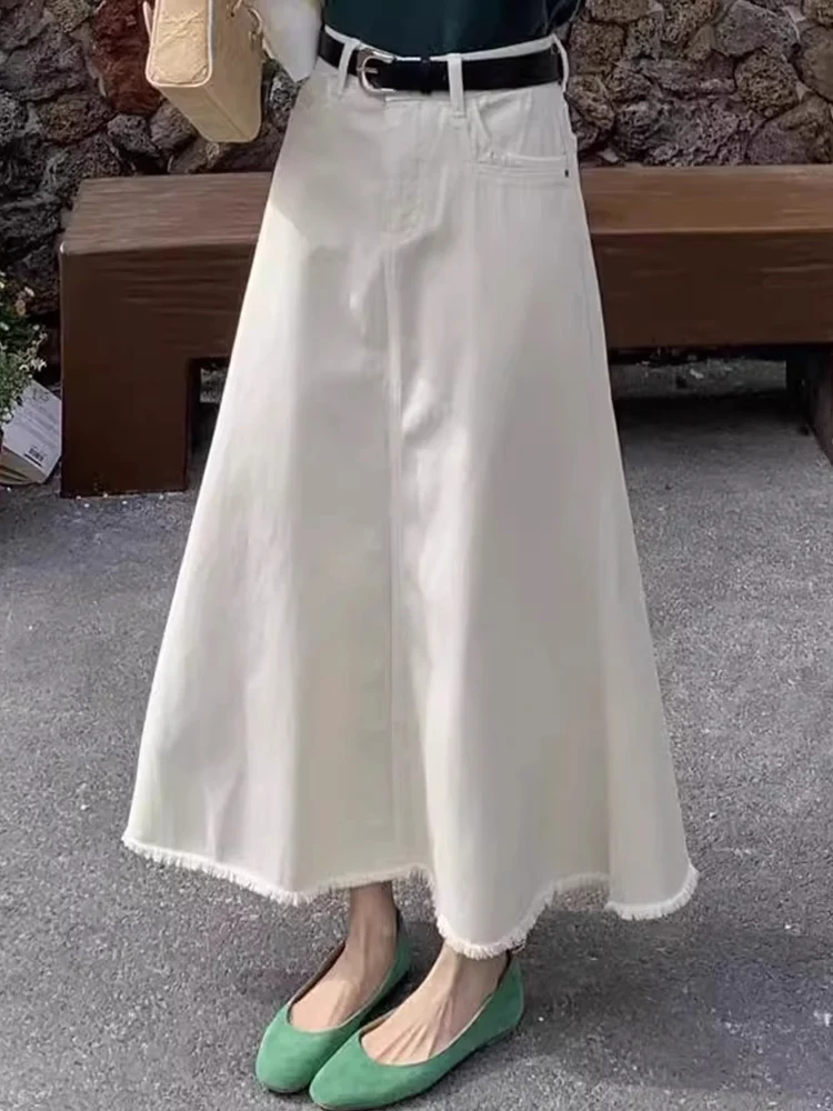 

Джинсовая юбка миди с высокой талией, женская юбка больших размеров с расклешенным подолом, светло-бежевая повседневная юбка трапециевидной формы, хлопковый материал