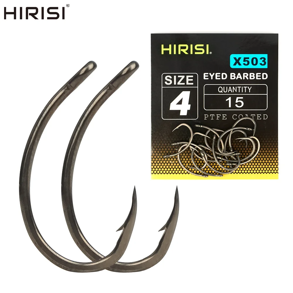 

Hirisi 15pcs PTFE Coated High Carbon Stainless Steel Barbed Fish Hook With Eye X503 Fishing Accessories