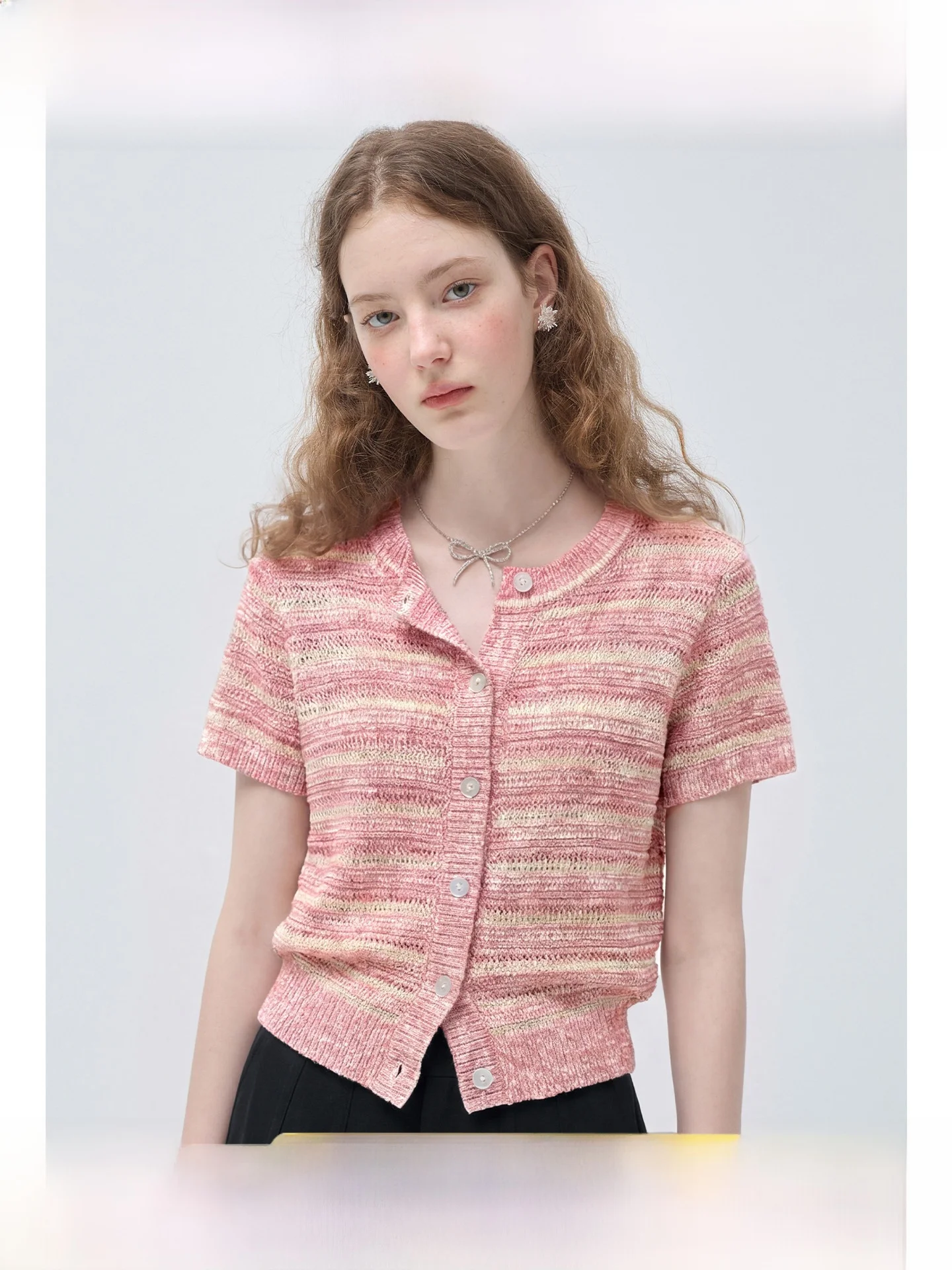 

Женский вязаный кардиган Rui больших размеров с коротким рукавом, в полоску, с цветными блоками, ажурный, с завышенной талией, летний, новый стиль