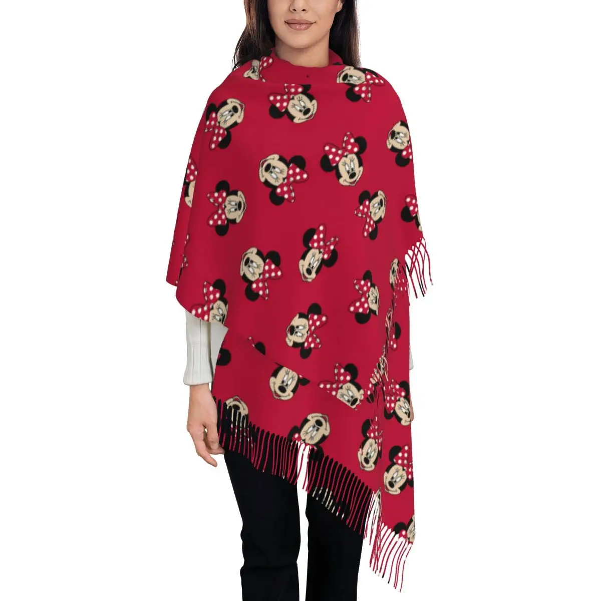 

Custom Minnie Mouse Tassel Scarf Women Soft Shawl Wrap Ladies Winter Fall Scarves