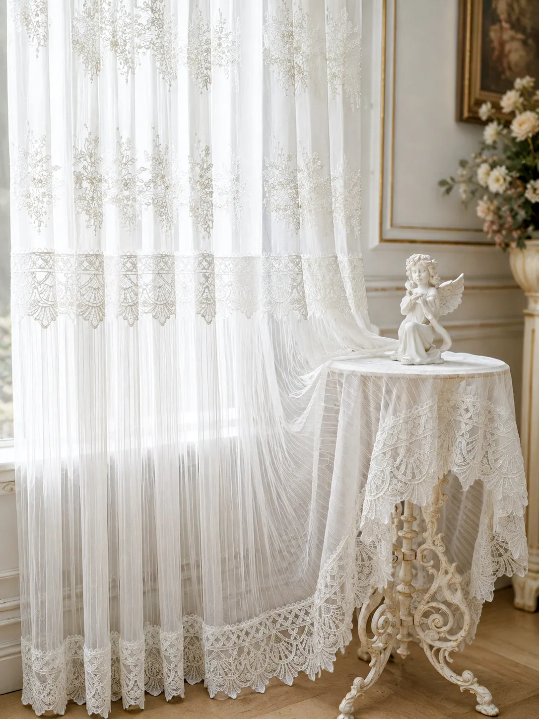 French Lace White Window Screen Curtains for Splicing Living Room Bedroom French Window Balcony Window Customized Tulle