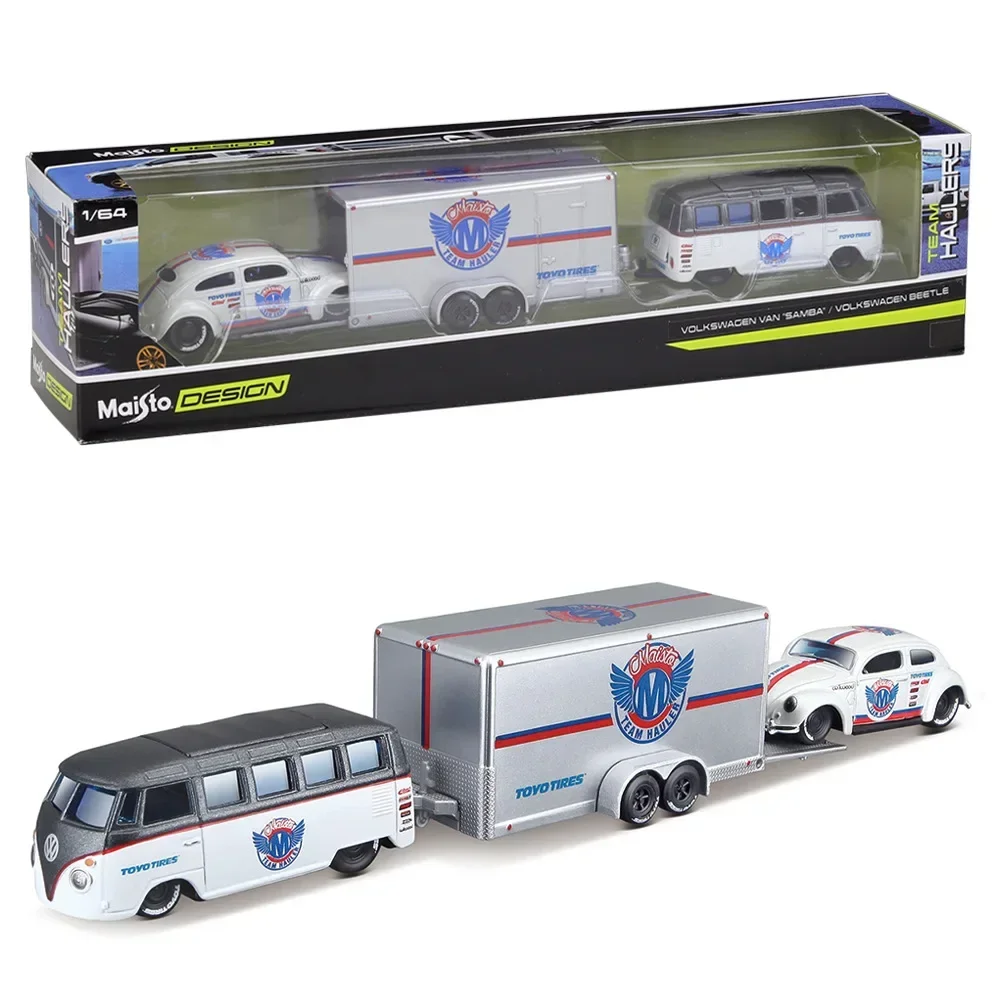 Maisto 1:64 Design Team Haulers Volkswagen Van Samba Car Trailer Volkswagen Beetle Car model collection gift Toy boy