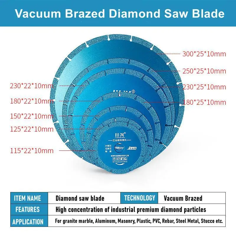 115/125/150/180/230/250/300mm Diamond Saw Blade Dry Wet Vacuum Brazed Cutting Disc for Rebar Sheet Metal Iron Stainless Steel