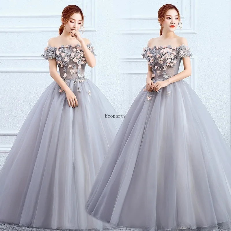 Gris violet personnalisé pas cher épaules dénudées femmes robe De bal formelle longue Organza Tutu robe De mariée pour mariée robes De remise des diplômes