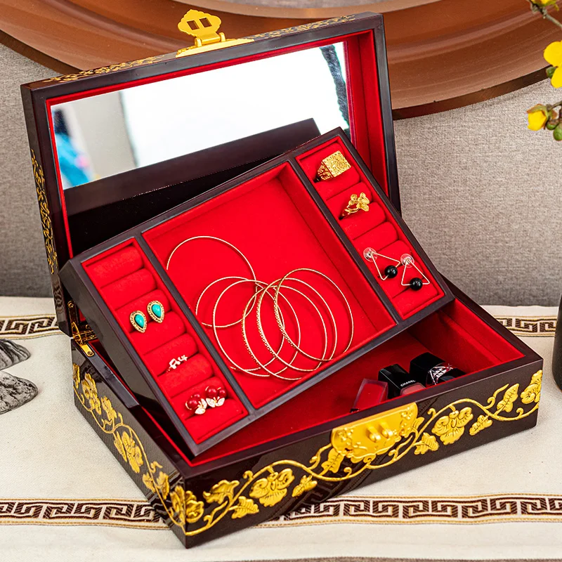 Jewelry Box Lacquerware HandmadeDecorative Flower Jacquard Advanced Exquisite Chinese Style High-End Large Capacity Wedding Gift