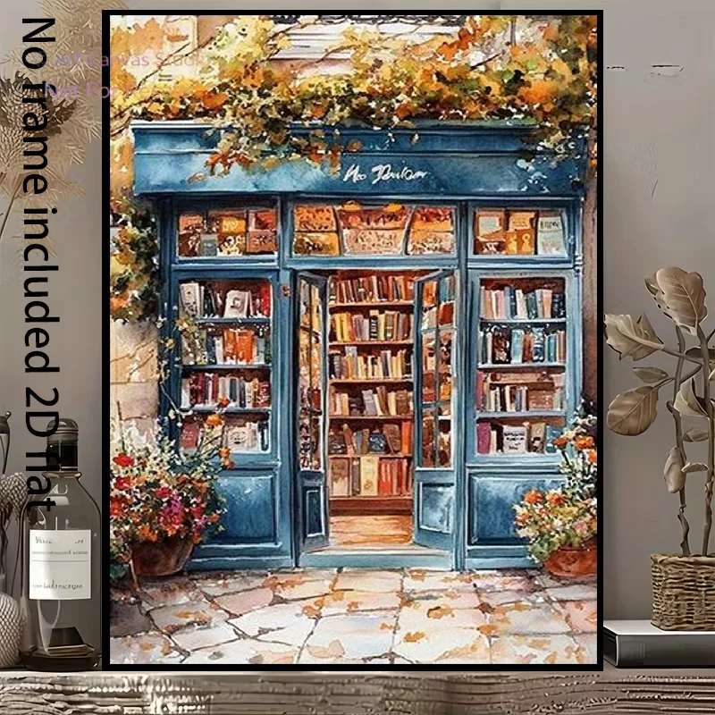 2D Flat, 2D Flat, 1pc of Decorative Canvas Art Depicting an Autumn Bookstore: a Cozy Scene with a Blue Door And Bookshelves,