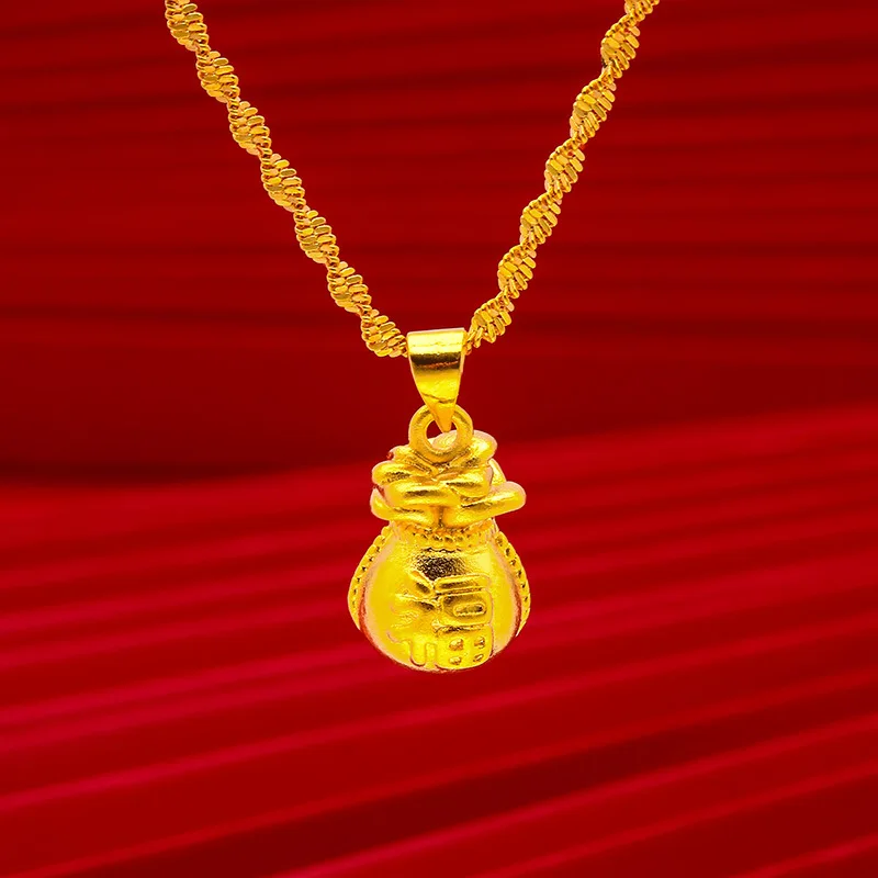 Daily Blessing Fortune Bag Pendant With Necklace For Women 24K Gold AU999, Gentle Solid Gold Women Necklace