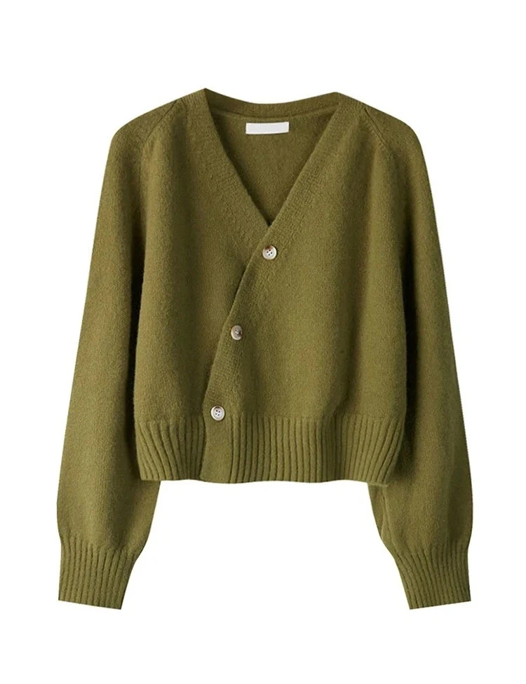 Autumn Winter Skew Button Cardigan V-neck Sweater Women Knitted Long Sleeve Tops Korean Loose Solid Cashmere Woman Sweater