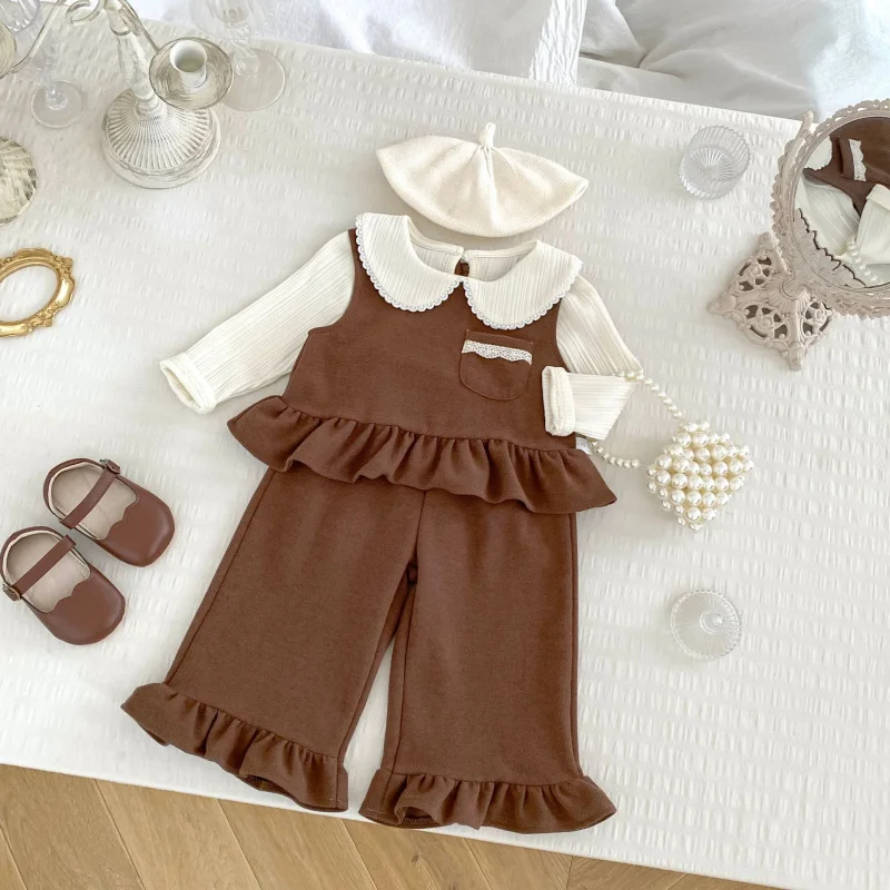 

2025insGirls' Outfit Stylish Ruffled Hem Vest and Pants+Long-sleeved Bottoming Shirt Baby Girl Autumn Three-piece Set