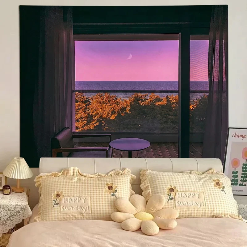 VIKAMA Sunset City Window View Tapestry, Warm Golden Hour Apartment Skyline Wall Hanging for Bedroom Living Room Home Decor