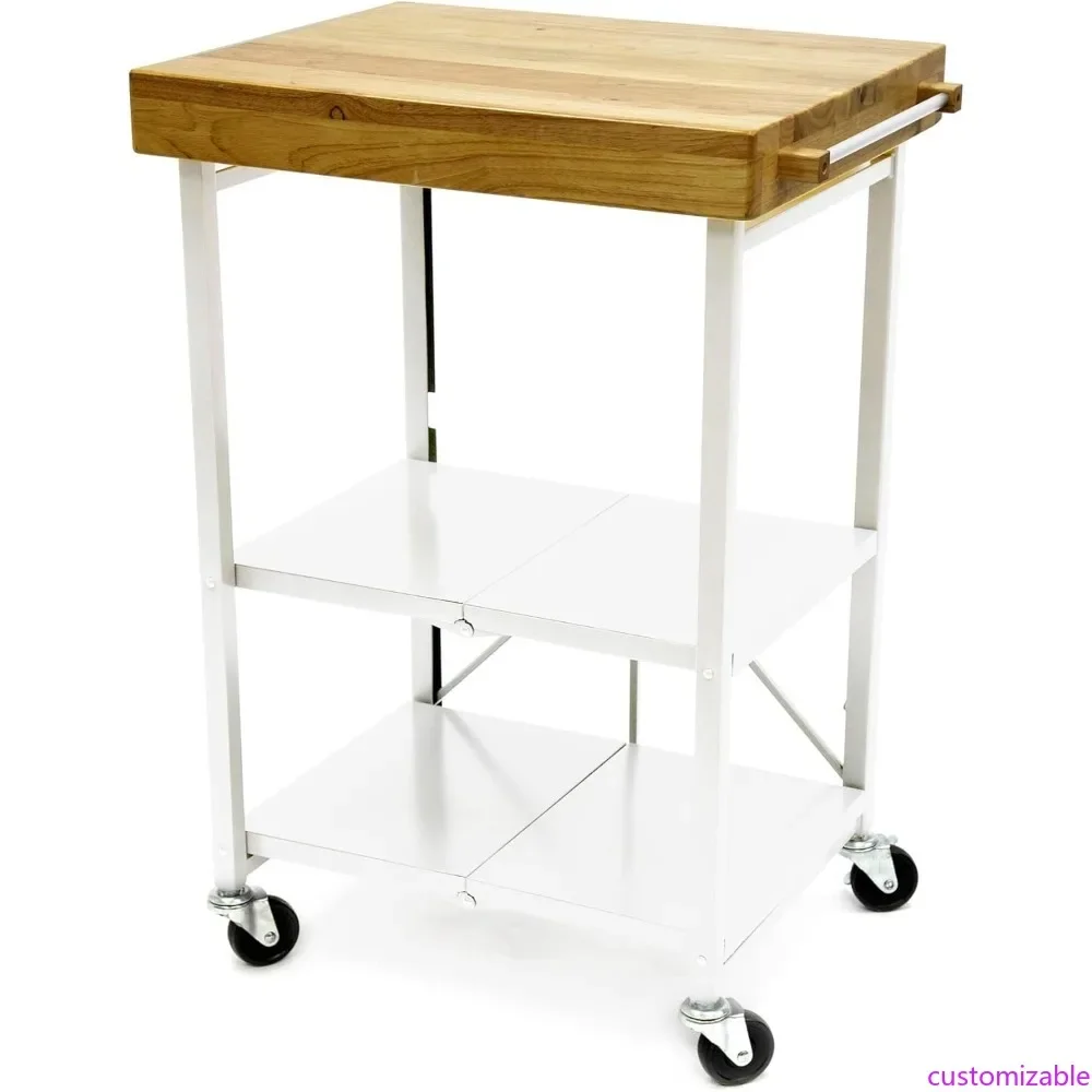

White Folding Kitchen Island Cart with Rolling Storage and Organizer