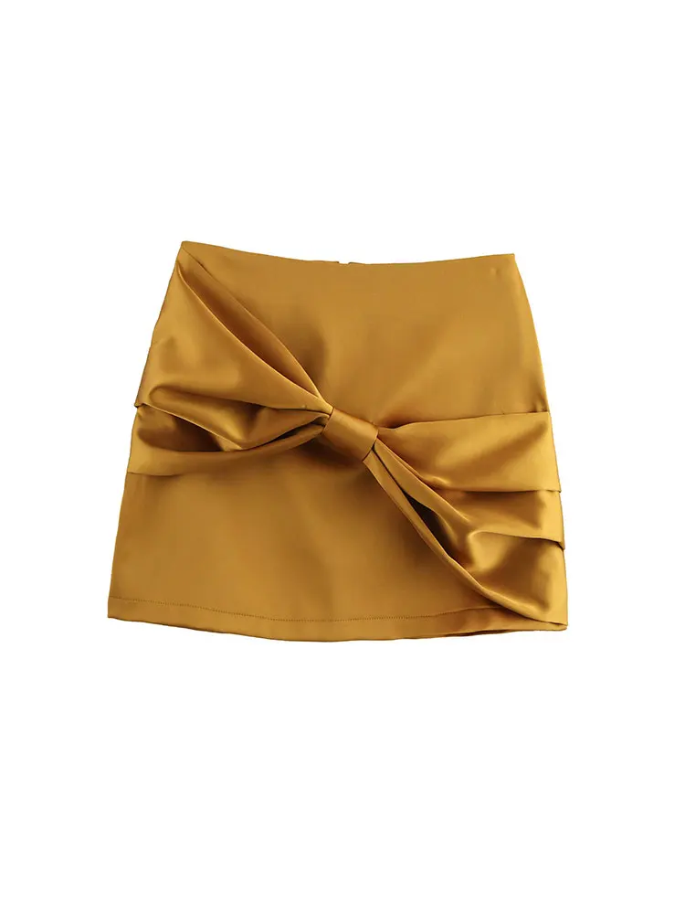 TRAF 2025 Women Bow Mini Skirts High Waist Short Skirts Ladies Fashion Bright Elegant Office Back Zip Up Skirt