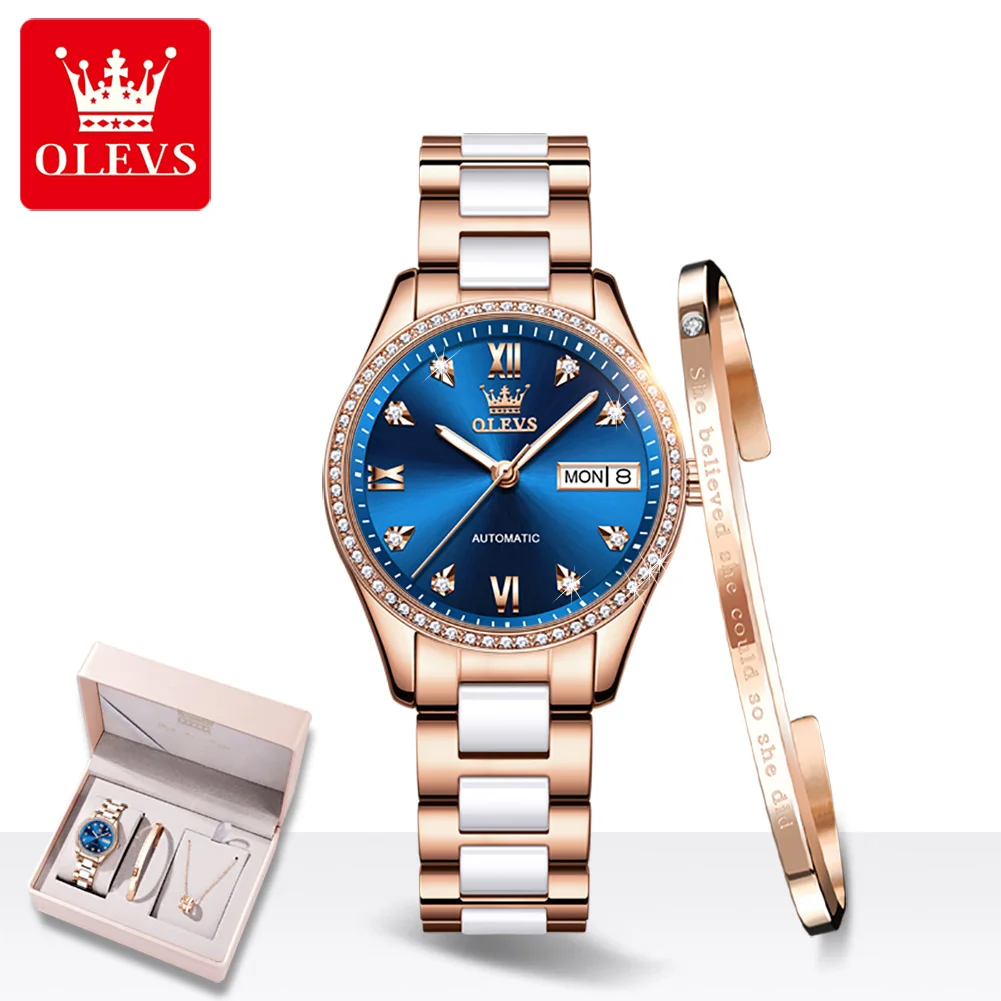 OLEVS 6637 Automatic Watch Women Diamond Dial Dual Calendar Display Waterproof Luminous Elegant Leather Strap Mechanical Watches