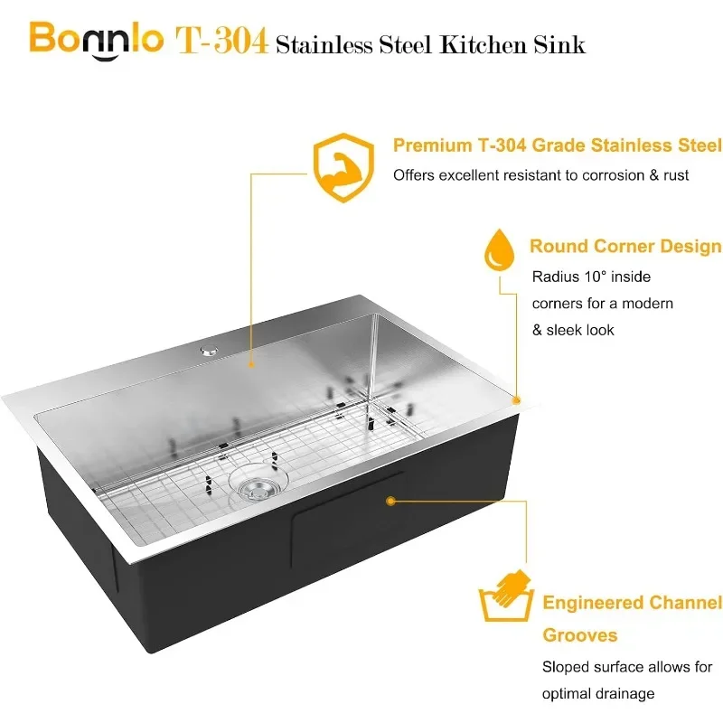 Bonnlo 32 Inch Gootsteen Drop-In Met Gootsteen Protector 18 Gauge, Werkstation Wastafel