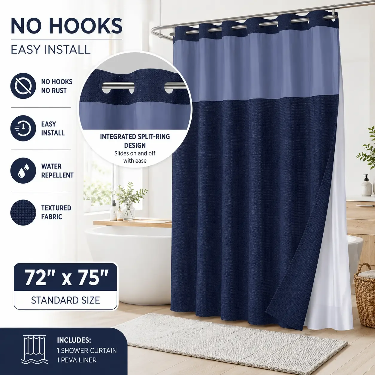 Double‑Layer Waffle‑Pattern Shower Curtain, 72×75 Inch, No‑Hook Snap‑in Liner, Waterproof Inner & Washable White Outer Cloth for Home, Hotel, Salon & Dorm Bathroom
