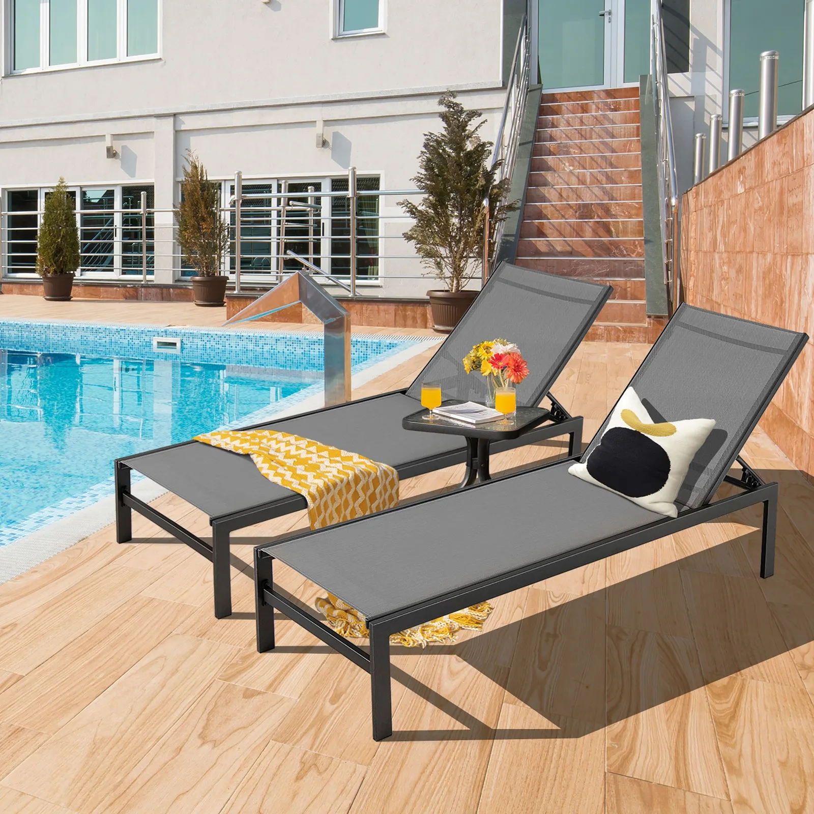 

Set Of 2 Patio Chaise Lounge Outdoor Adjustable Lounge Chair W/ 6-Position