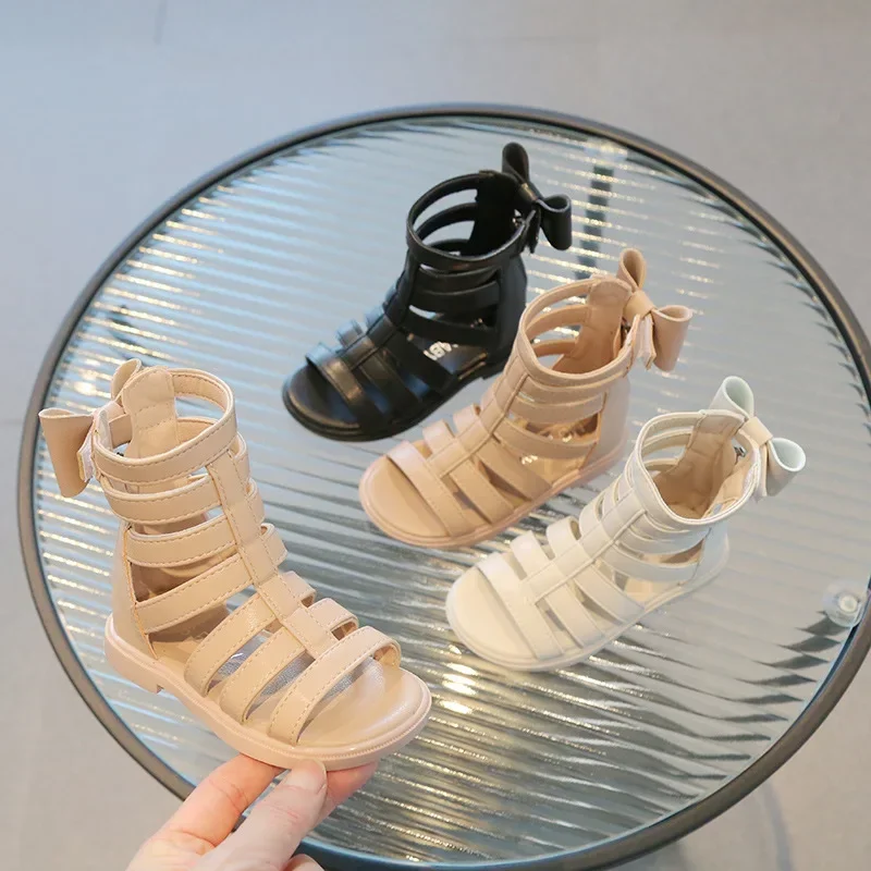 

Girls Hollow High-top Sandals 2025 Summer New Solid Color Korean Style Versatile Princess Fashion Baby Back Bow Open-toe Flats
