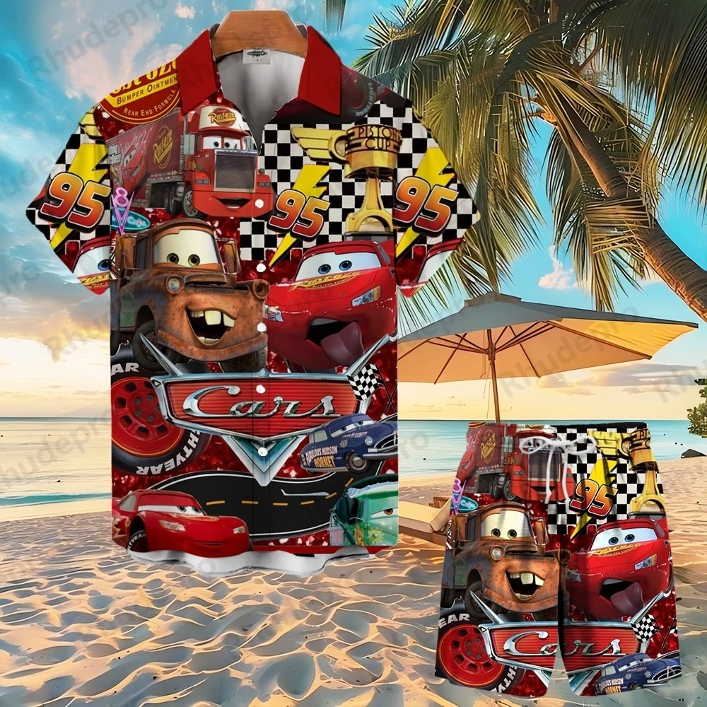

Disney Cars Мужчины Женщины Комплект рубашек на пуговицах Молния Маккуин Летние короткие счастливые ирландские гавайские пляжные повседневные рубашки и шорты Комплект