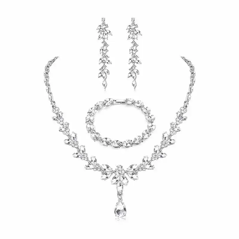 

BBA068 Silver Prom Jewelry Set Rhinestone Necklace Dangle Earrings Bracelet Bride Bridesmaid Crystal Bridal Jewelry Set