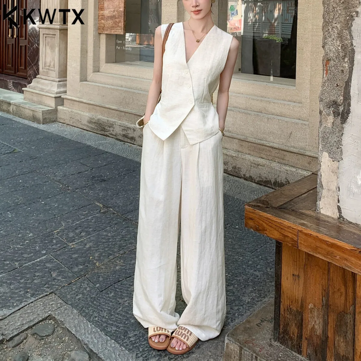 

KWTX 2025 Женский костюм, жилет и широкие брюки, комплект без рукавов, асимметричный пояс с завязками, офисный элегантный наряд, шикарный повседневный комплект